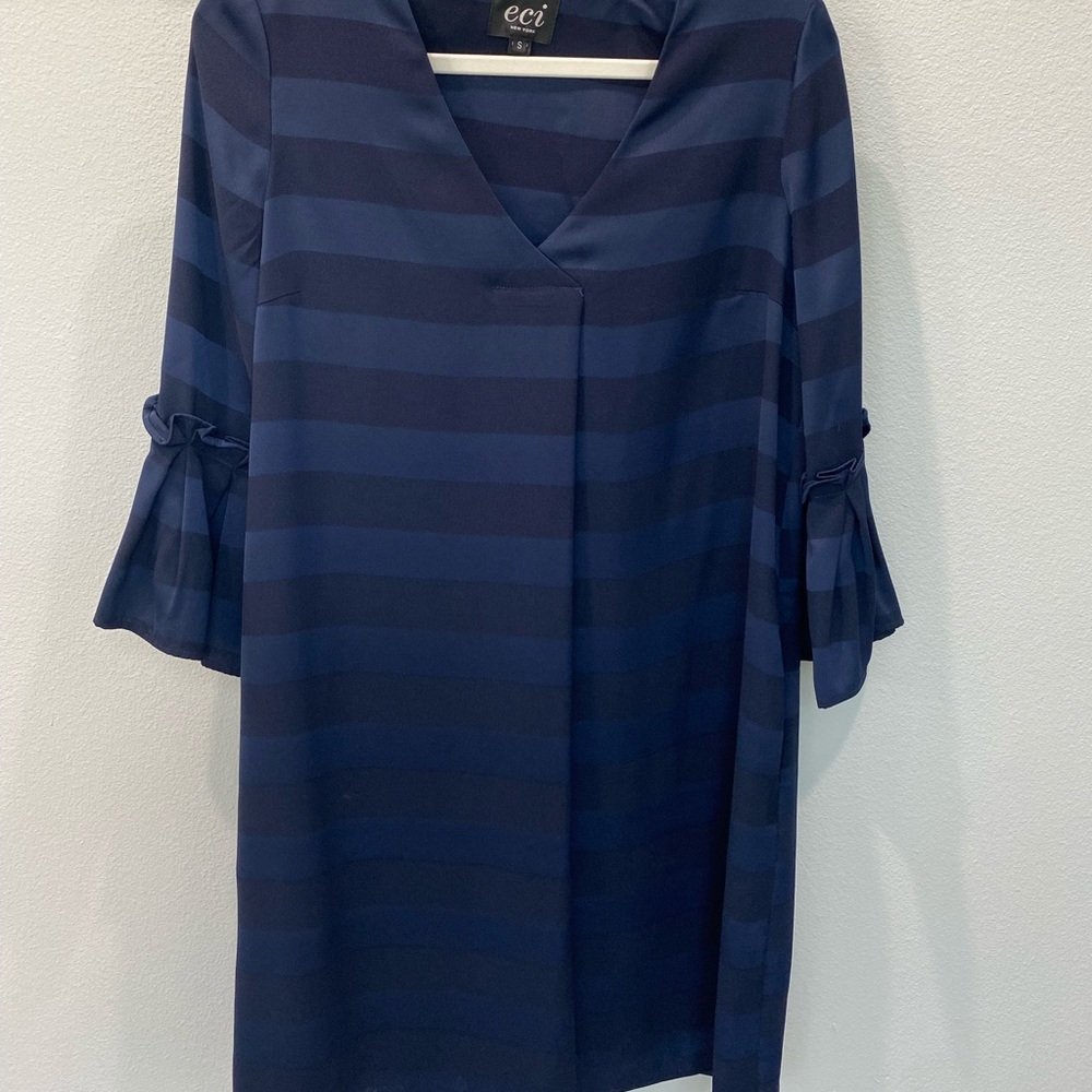 Navy blue striped dress with cute bell sleeves, very nice fabrics.